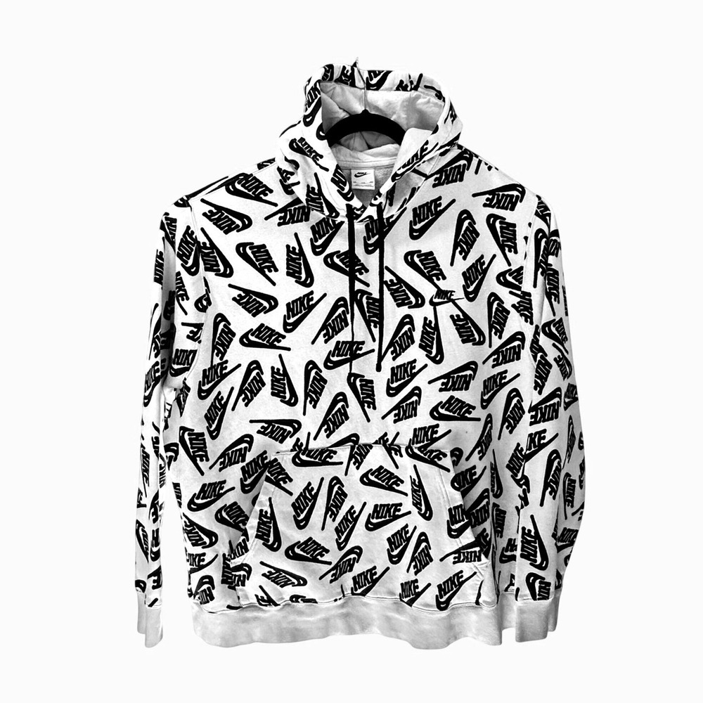Nike Sportswear Club All Over Print Hoodie Size XXL White Black Streetwear